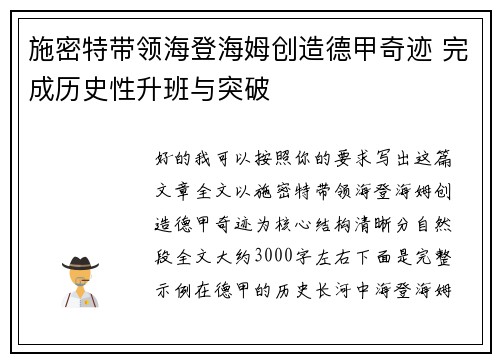 施密特带领海登海姆创造德甲奇迹 完成历史性升班与突破