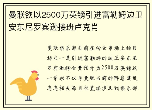 曼联欲以2500万英镑引进富勒姆边卫安东尼罗宾逊接班卢克肖