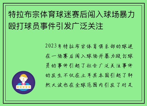 特拉布宗体育球迷赛后闯入球场暴力殴打球员事件引发广泛关注